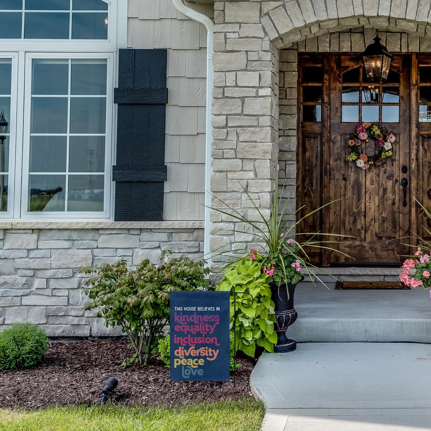This House Believes in Kindness Equality Inclusion Diversity Peace Love Garden Flag (Navy Blue)