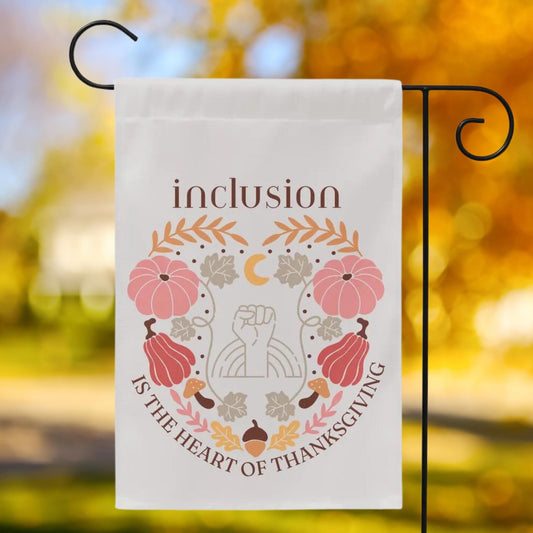 boho thanksgiving graphics with human rights equality fist in center. Text reads 'inclusion is the heart of thanksgivng'