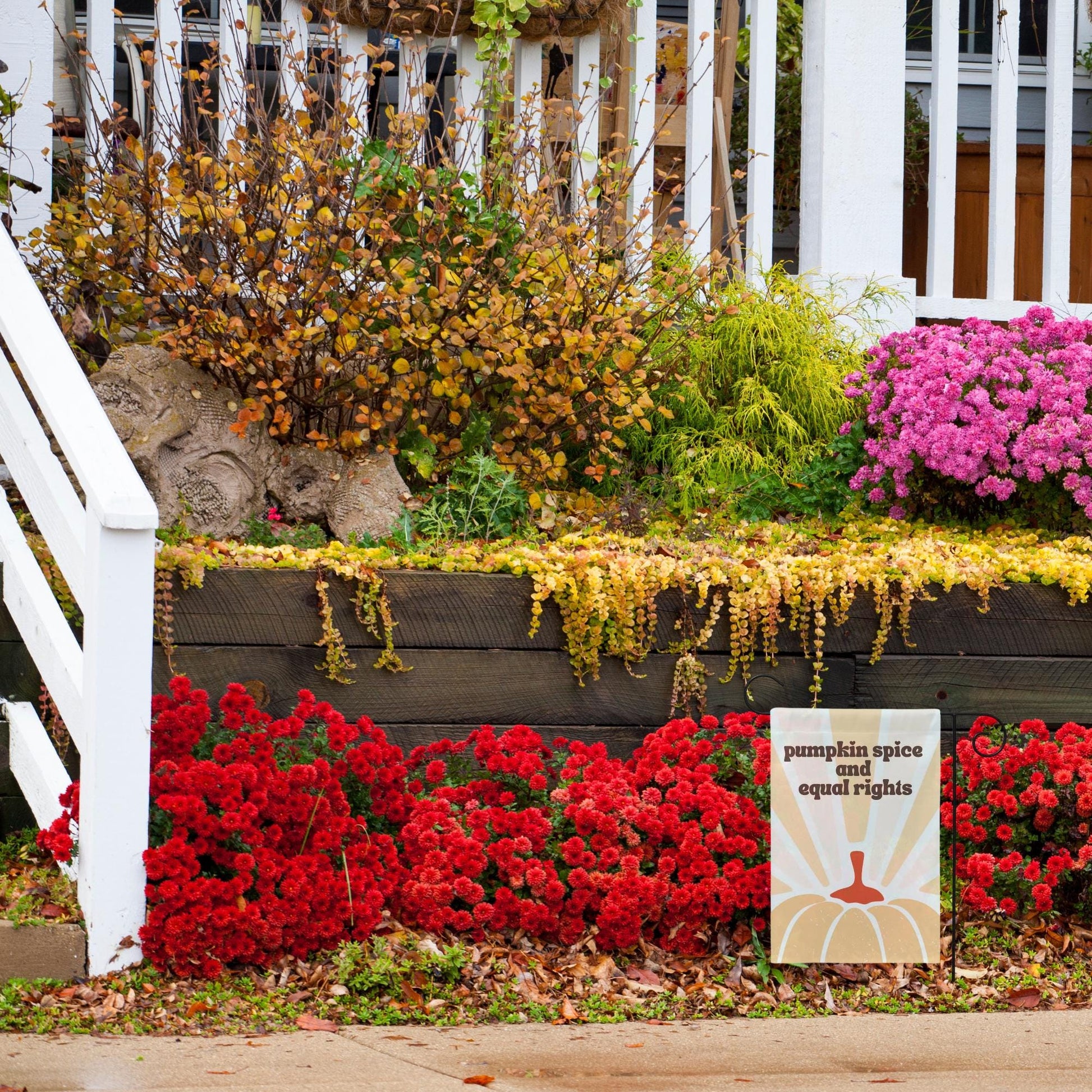 pumpkin spice and equal rights yard sign, smash the patriarchy, mini garden flag equality, fight fascism house flag, inclusion is elemental