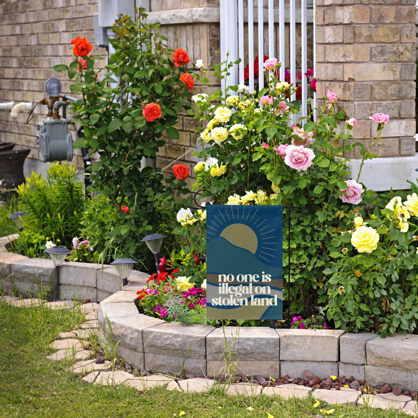 no one is illegal on stolen land mini equality garden flag, no human is illegal, pro America anti trump yard sign, pro immigrant democrat