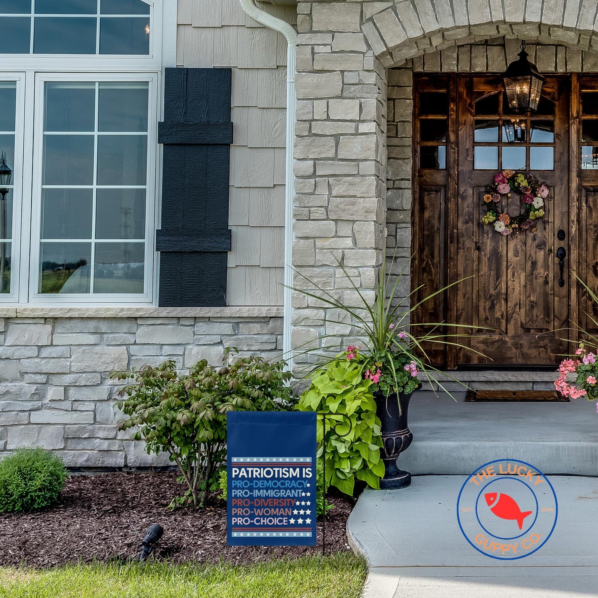 Patriotism is pro democracy mini equality garden flag, patriotic democrat flag, liberal garden flag, pro America anti trump yard sign, FDT