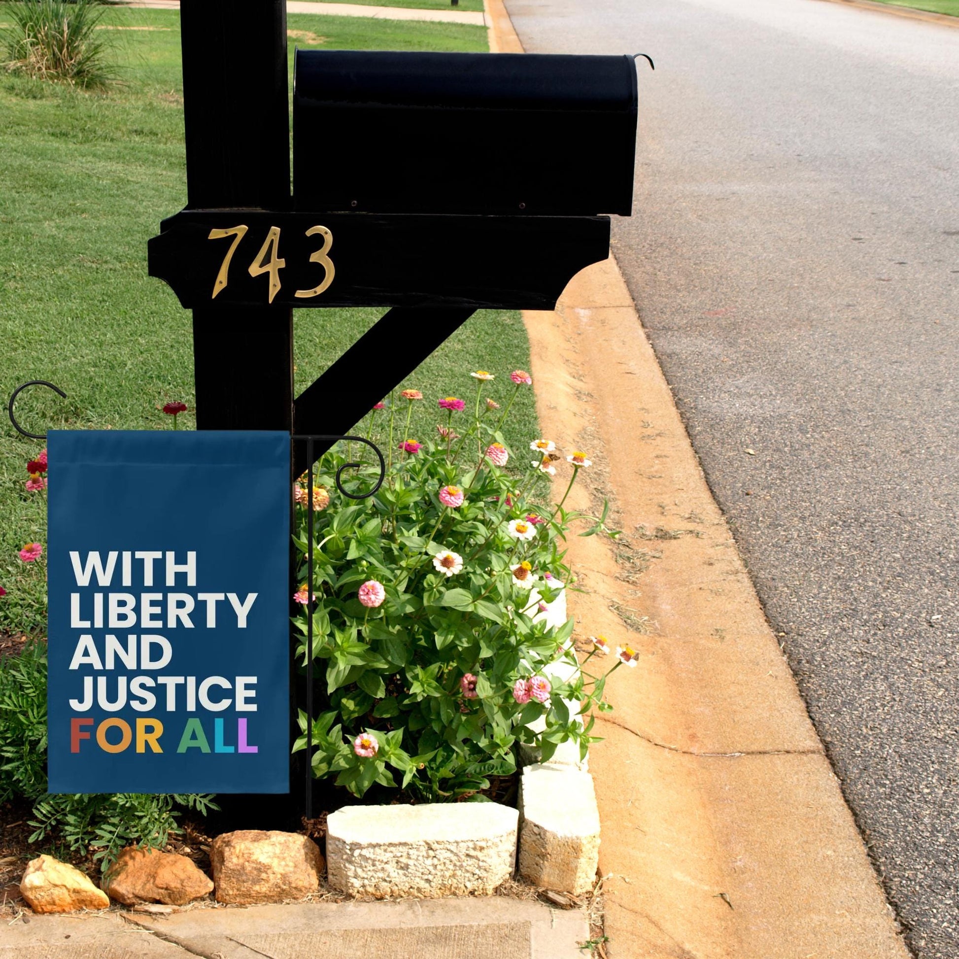 with liberty and justice for all lgbtq rainbow mini equality garden flag, proud unapologetic democrat yard sign, defend quality yard flag