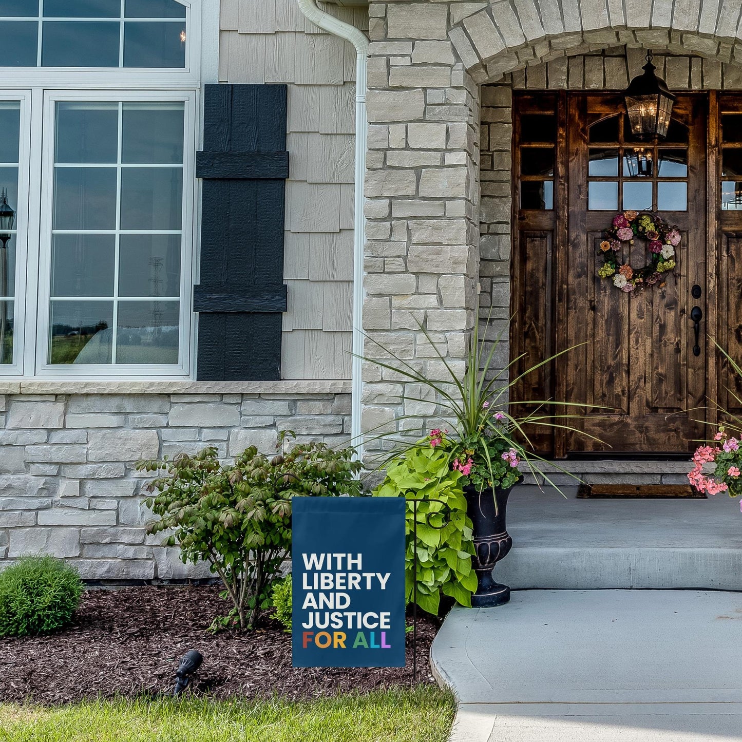 with liberty and justice for all lgbtq rainbow mini equality garden flag, proud unapologetic democrat yard sign, defend quality yard flag