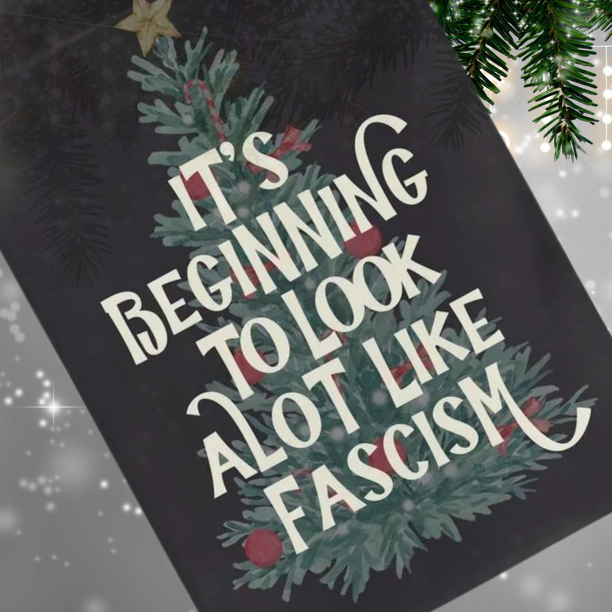 it's beginning to look a lot like fascism liberal christmas garden flag, lights equal rights, rejoice in the birth of a brown skinned sign