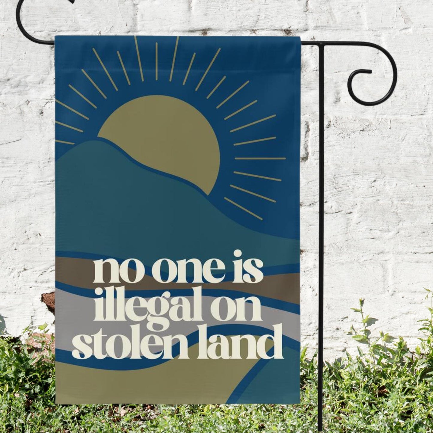 no one is illegal on stolen land mini equality garden flag, no human is illegal, pro America anti trump yard sign, pro immigrant democrat