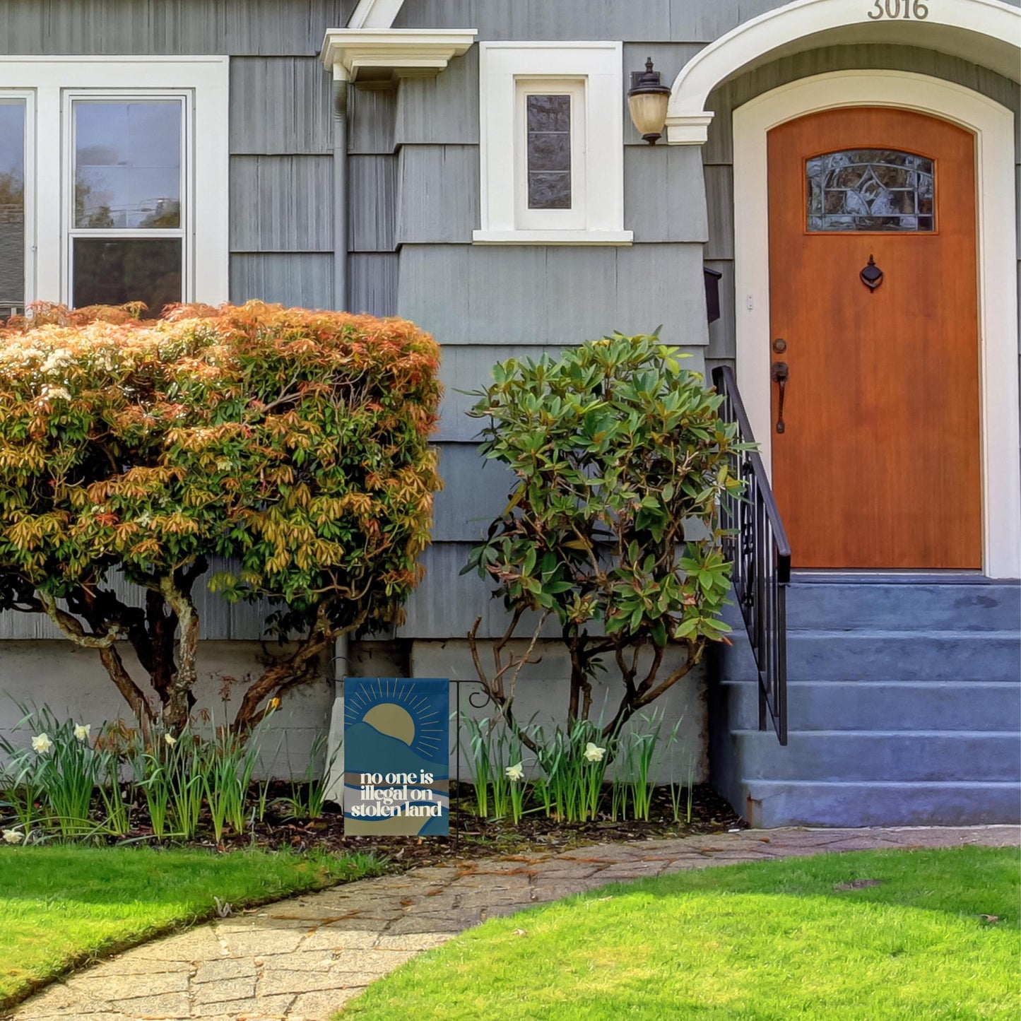 no one is illegal on stolen land mini equality garden flag, no human is illegal, pro America anti trump yard sign, pro immigrant democrat