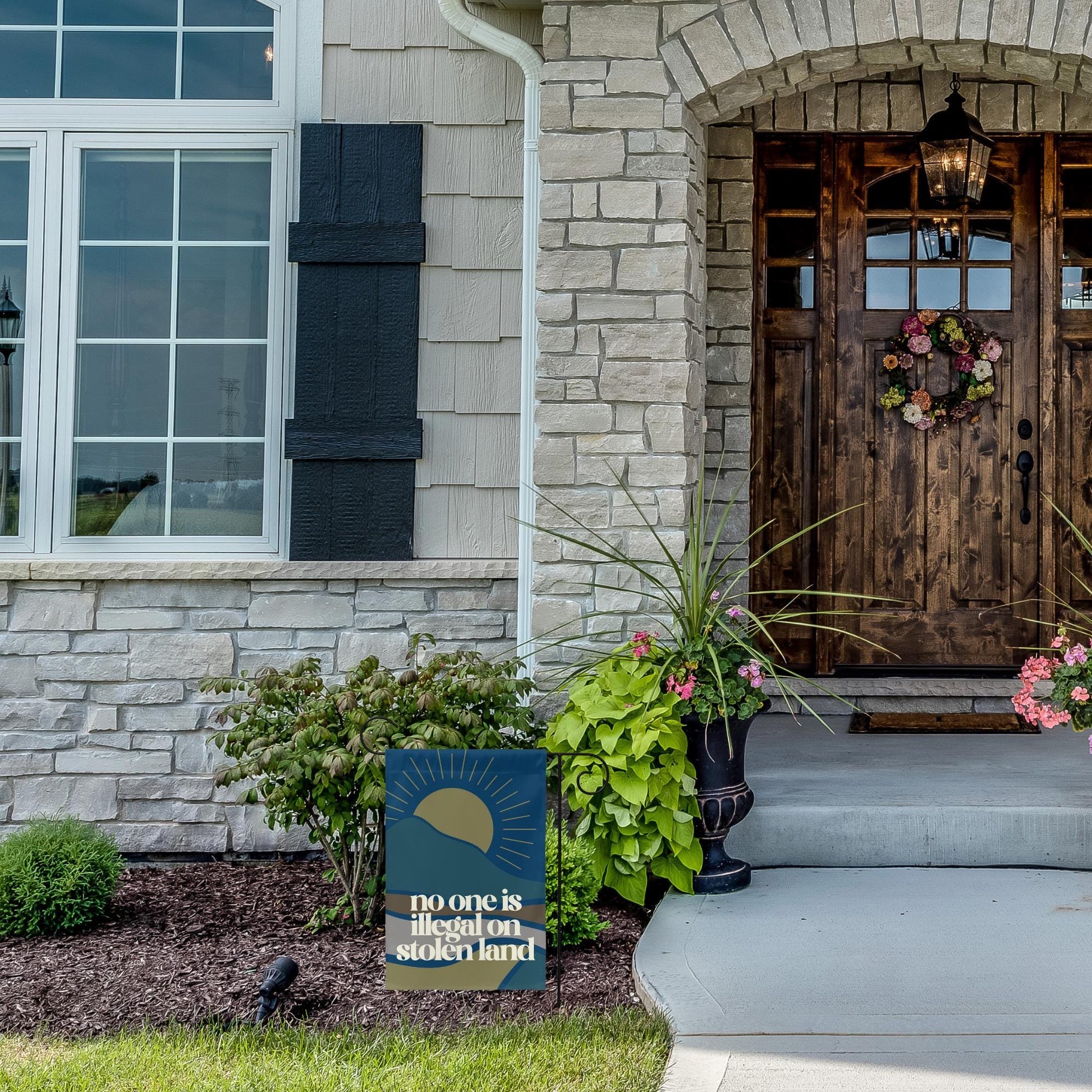no one is illegal on stolen land mini equality garden flag, no human is illegal, pro America anti trump yard sign, pro immigrant democrat