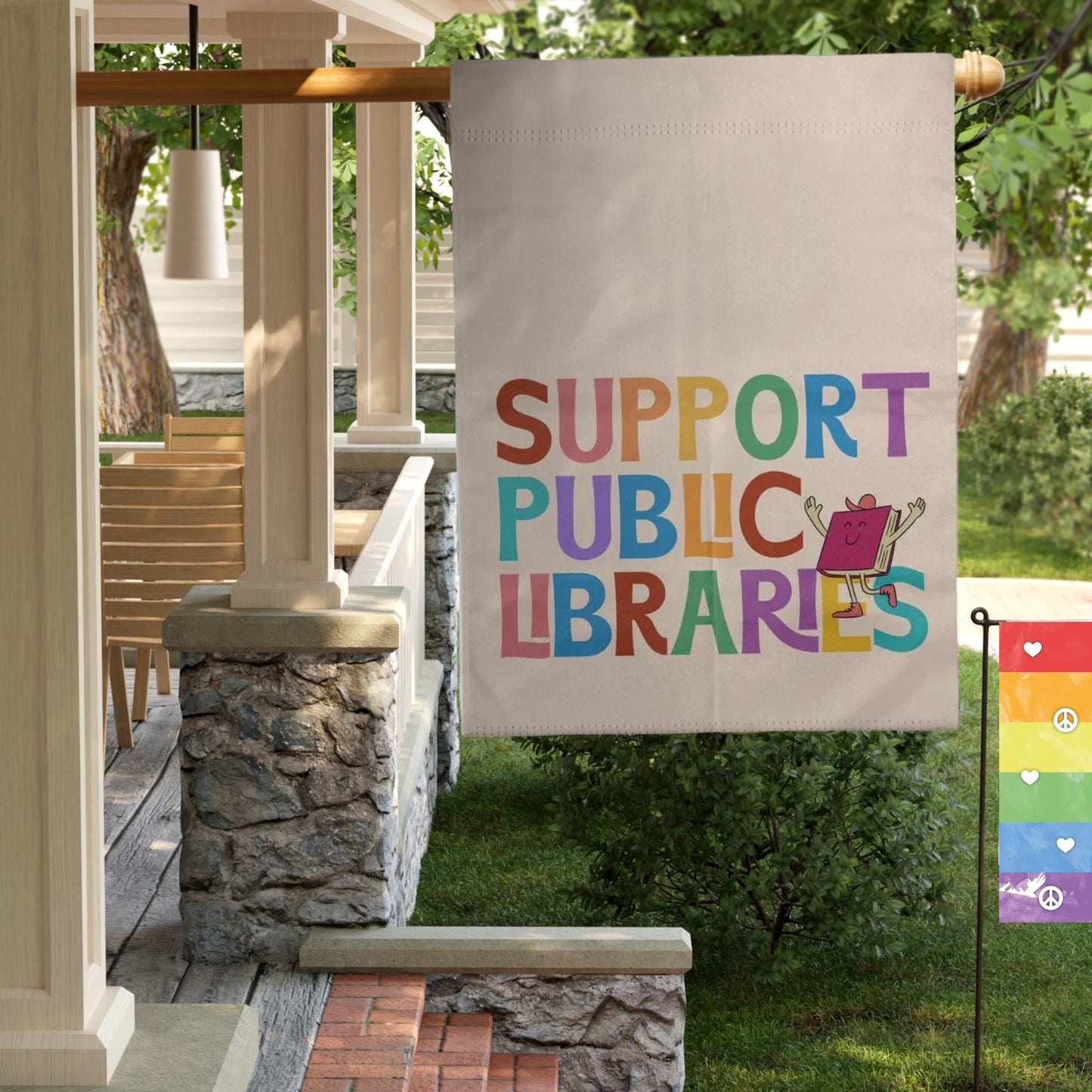 support public libraries house flag, ban assault rifles not books, ban ignorance not books, justice and literacy for all, freadom yard sign