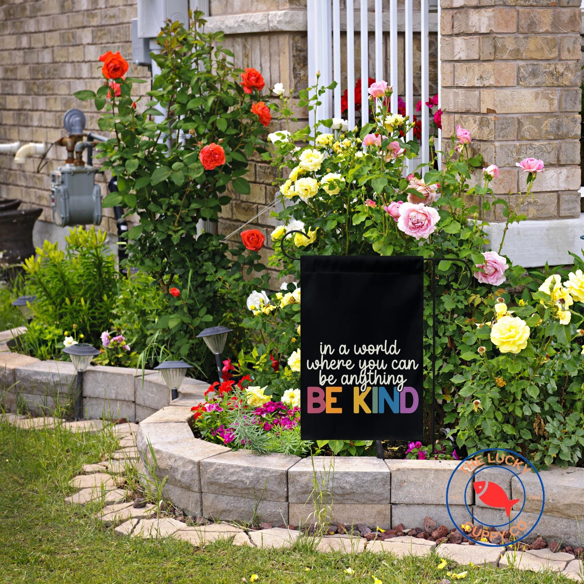 in a world where you can be anything be kind, make america kind again, make empathy great again, be kind flag, diversity equity inclusion