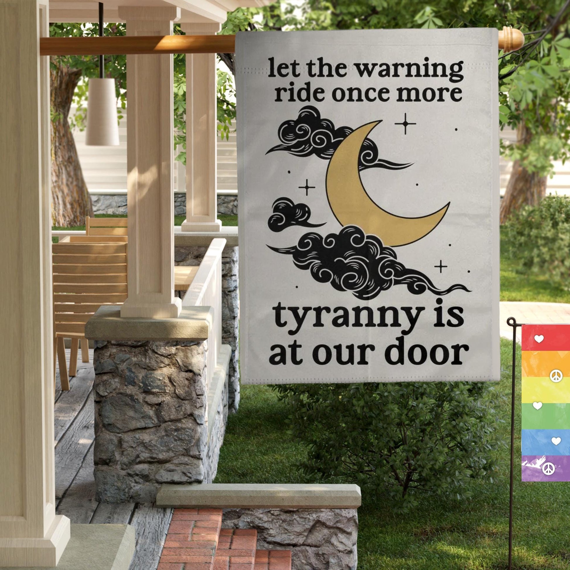 let the warning ride once more tyranny is at the door flag, Paul revere midnight ride, vive la resistance, power of the people is greater