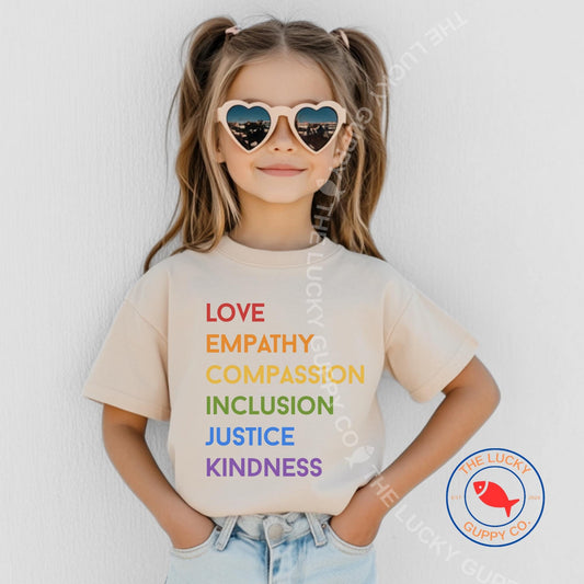 love empathy compassion inclusion justice kindness rainbow youth shirt, raised to love you, love is love is love, care about other people