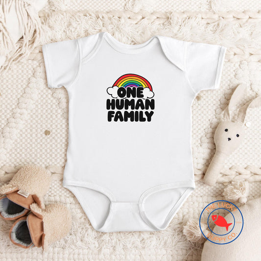 one human family infant bodysuit, raise them kind, support your fruity friends, pride month parade, defend equality, raise kind humans tee