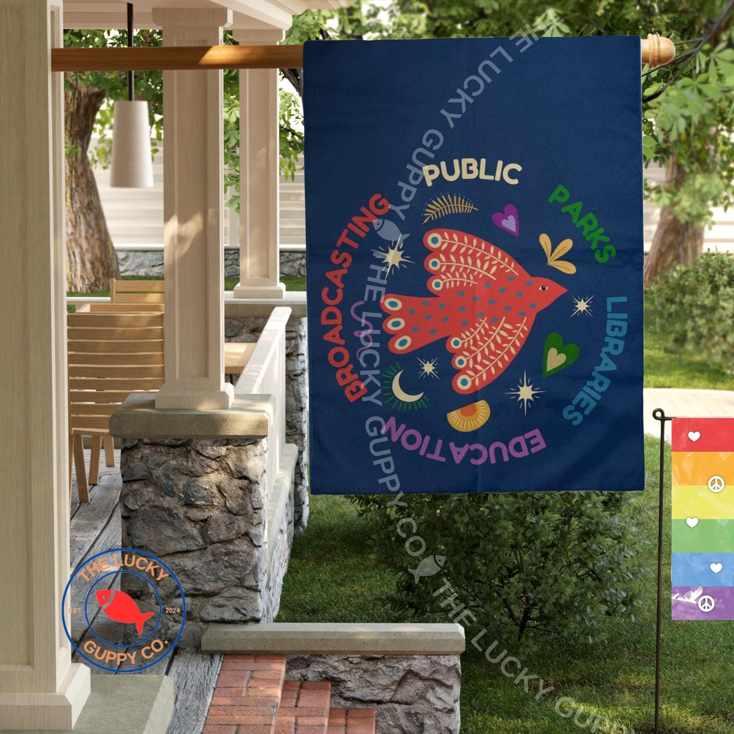 Public Parks Education Libraries Broadcasting Garden Flag, Public Radio Nerd, Support Public Libraries, Ban Guns Not Ignorance, Subtle FDT