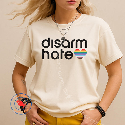 Progress Pride Heart T-Shirt: Disarm Hate, Protect Kids