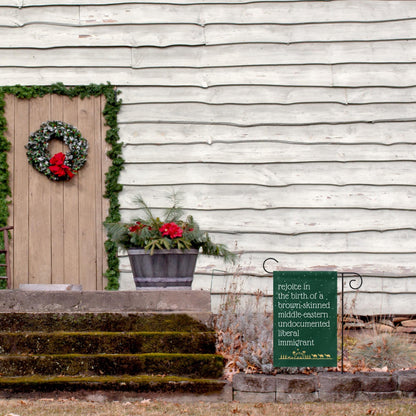 rejoice in the birth of a brown skinned middle eastern undocumented immigrant Jesus christmas garden flag, christmas lights equal rights