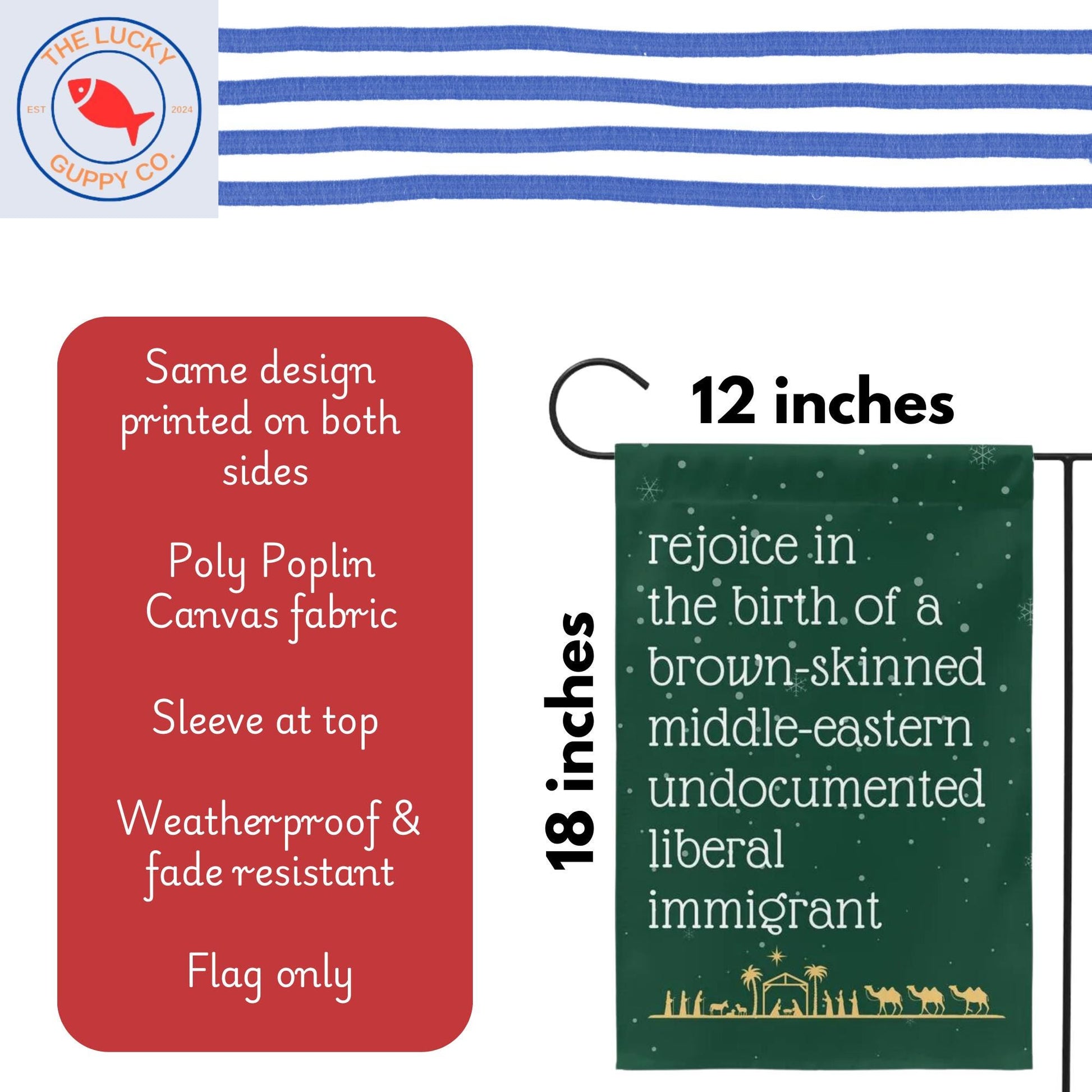 rejoice in the birth of a brown skinned middle eastern undocumented immigrant Jesus christmas garden flag, christmas lights equal rights