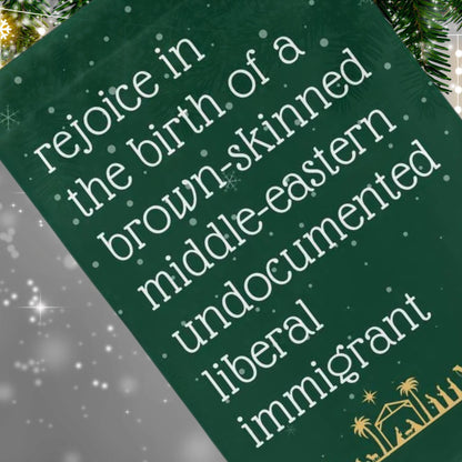 rejoice in the birth of a brown skinned middle eastern undocumented immigrant Jesus christmas garden flag, christmas lights equal rights