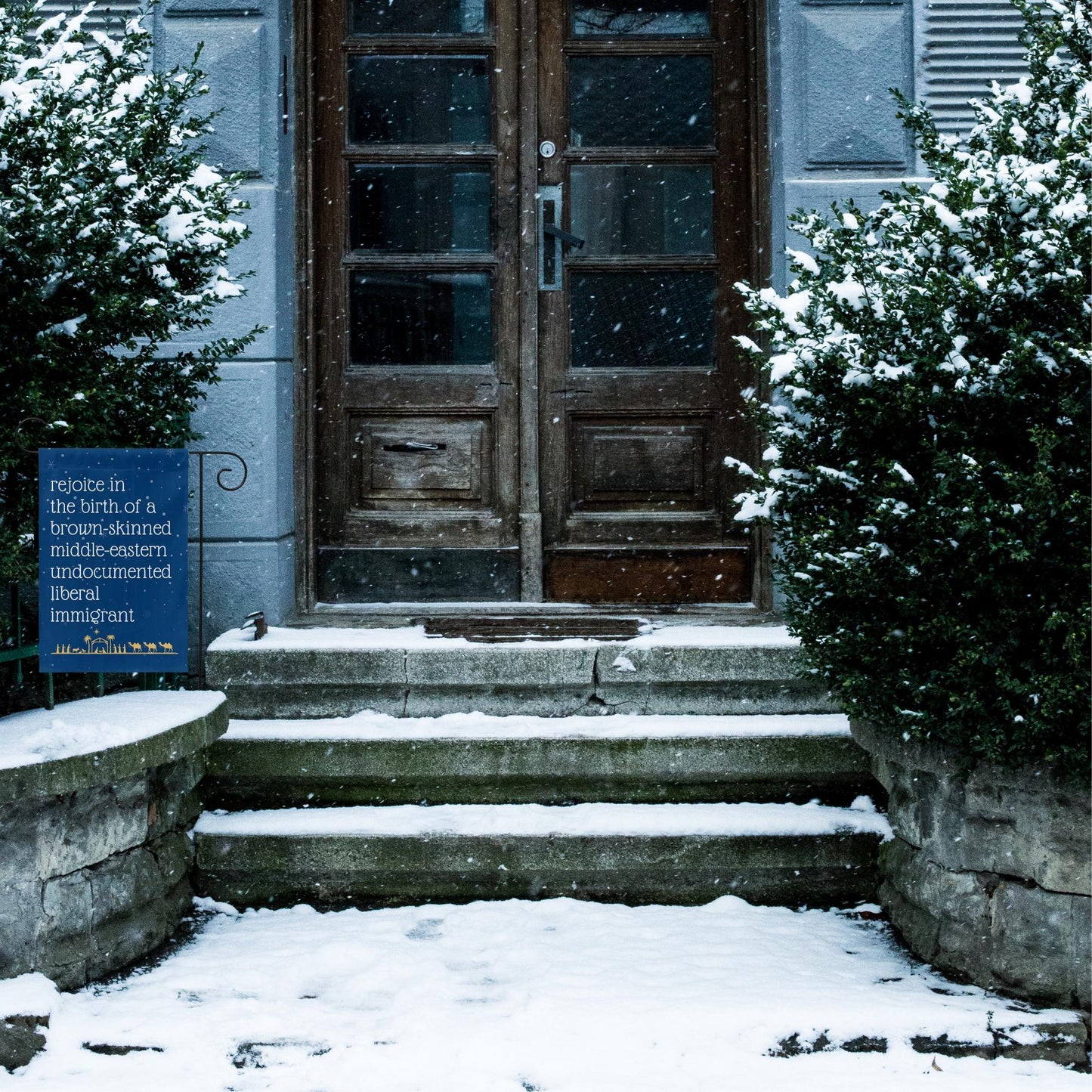rejoice in the birth of a brown skinned middle eastern undocumented immigrant Jesus christmas garden flag, christmas lights equal rights
