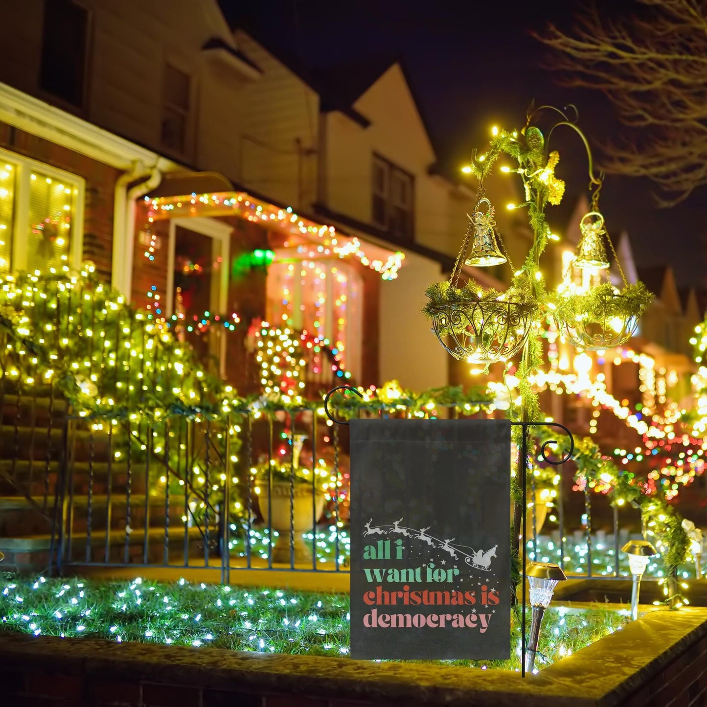 all I wanted for Christmas was democracy, not my president garden flag, unapologetic democrat yard sign, anti trump banner, defend equality