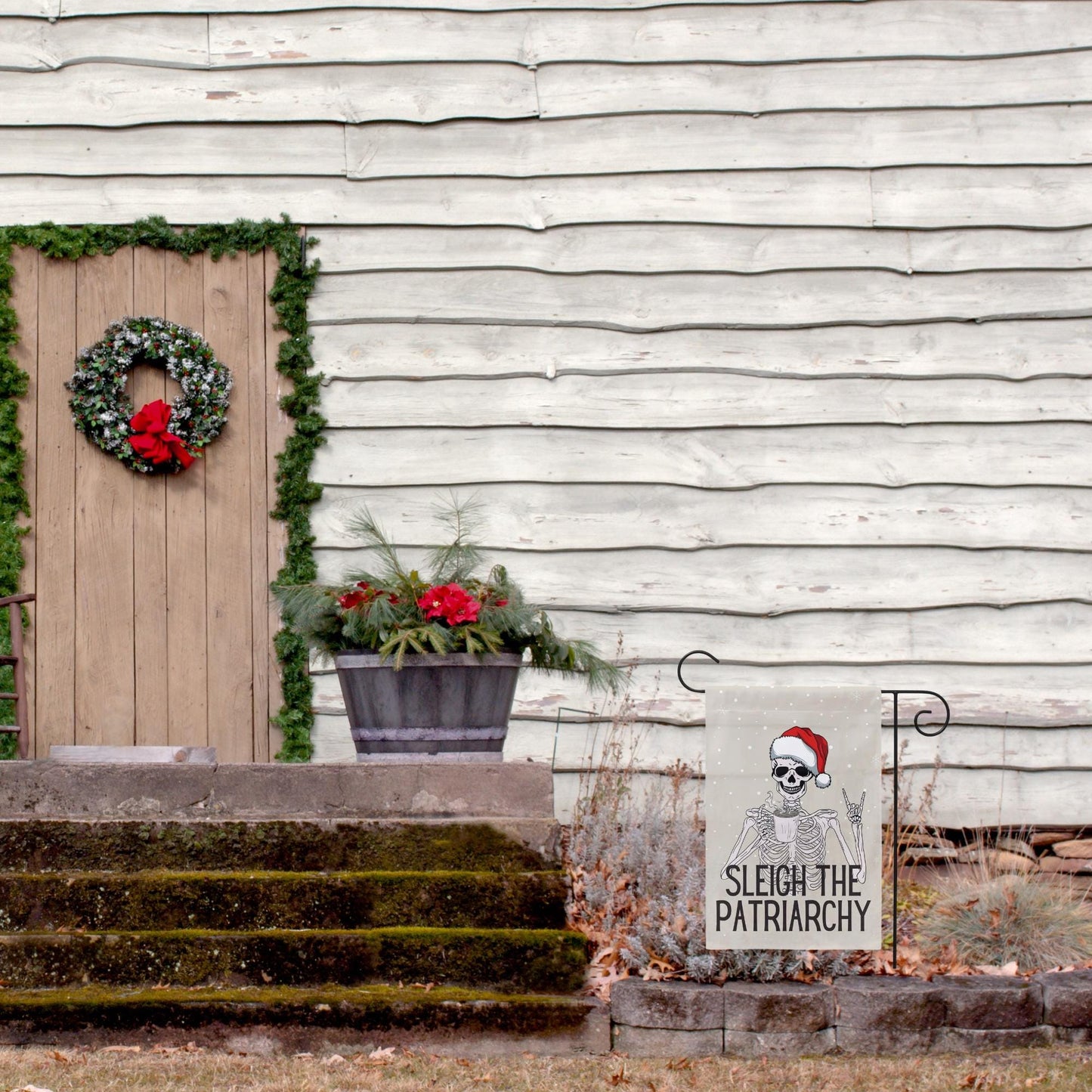 Sleigh the patriarchy skeleton rad garden flag, unapologetic democrat yard sign, girls just want fundamental rights, equal rights amend