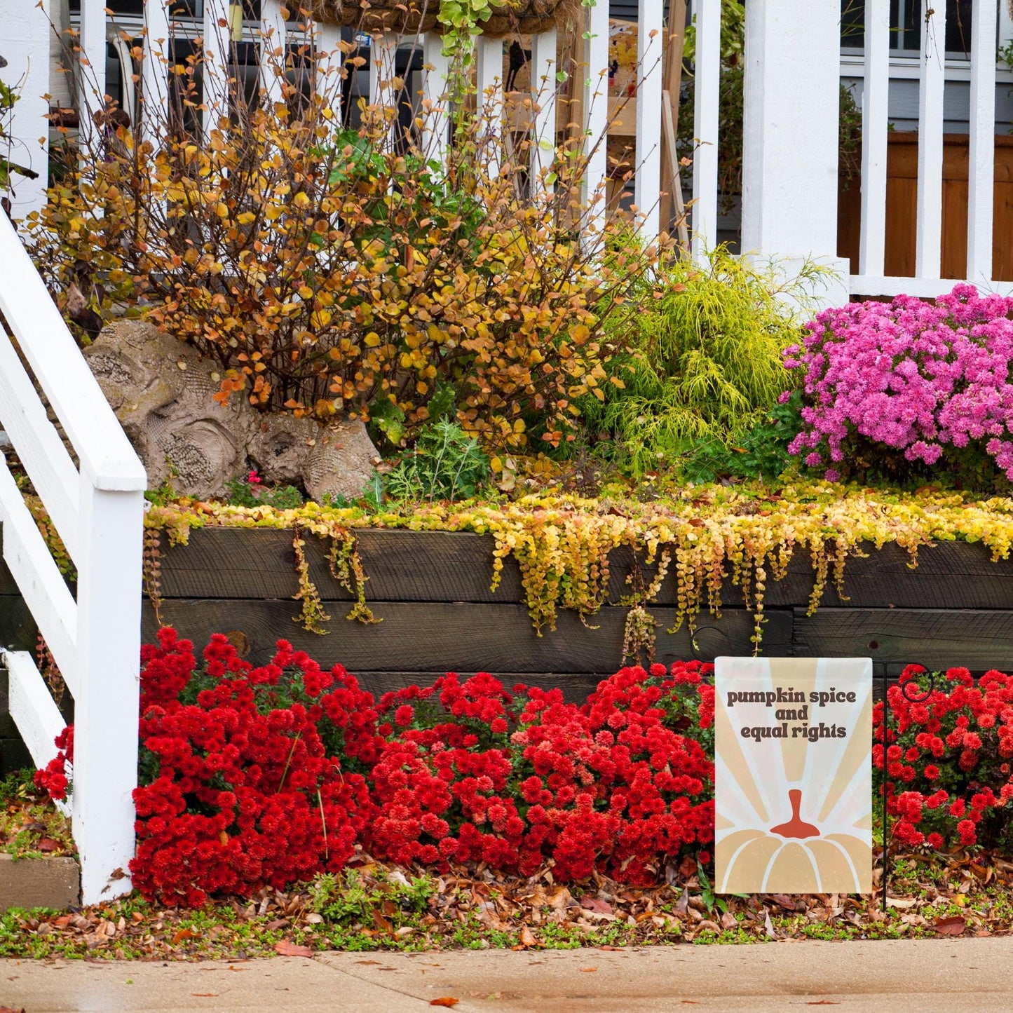 pumpkin spice and equal rights yard sign, smash the patriarchy, mini garden flag equality, fight fascism house flag, inclusion is elemental