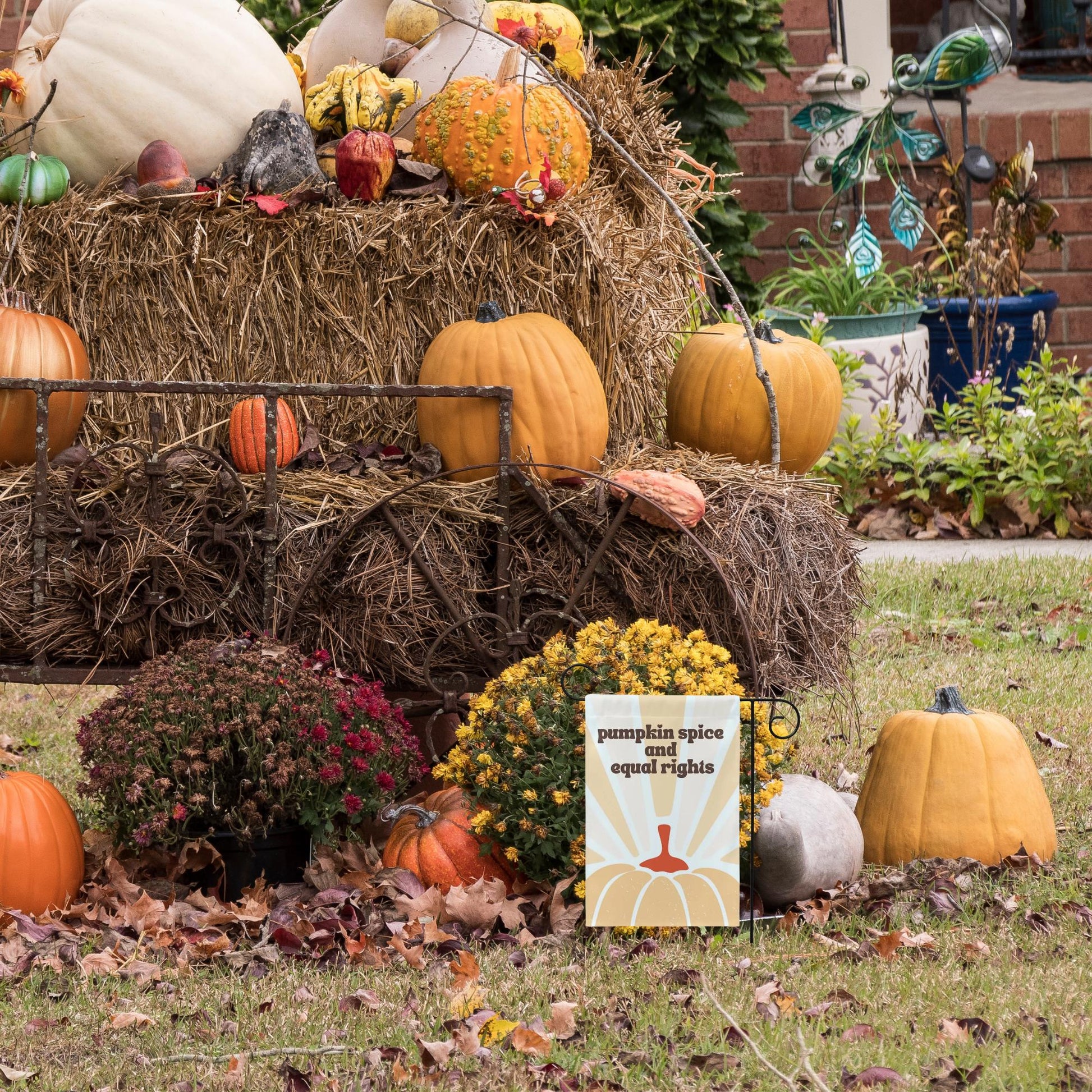 pumpkin spice and equal rights yard sign, smash the patriarchy, mini garden flag equality, fight fascism house flag, inclusion is elemental