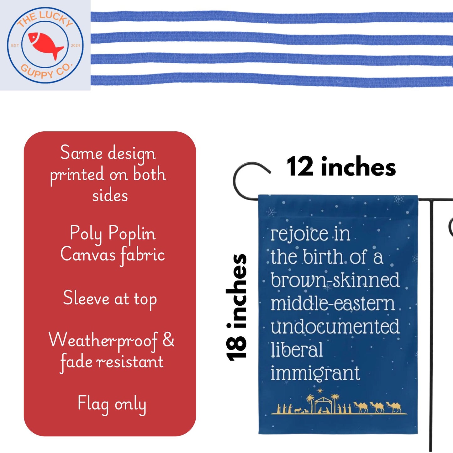 rejoice in the birth of a brown skinned middle eastern undocumented immigrant Jesus christmas garden flag, christmas lights equal rights