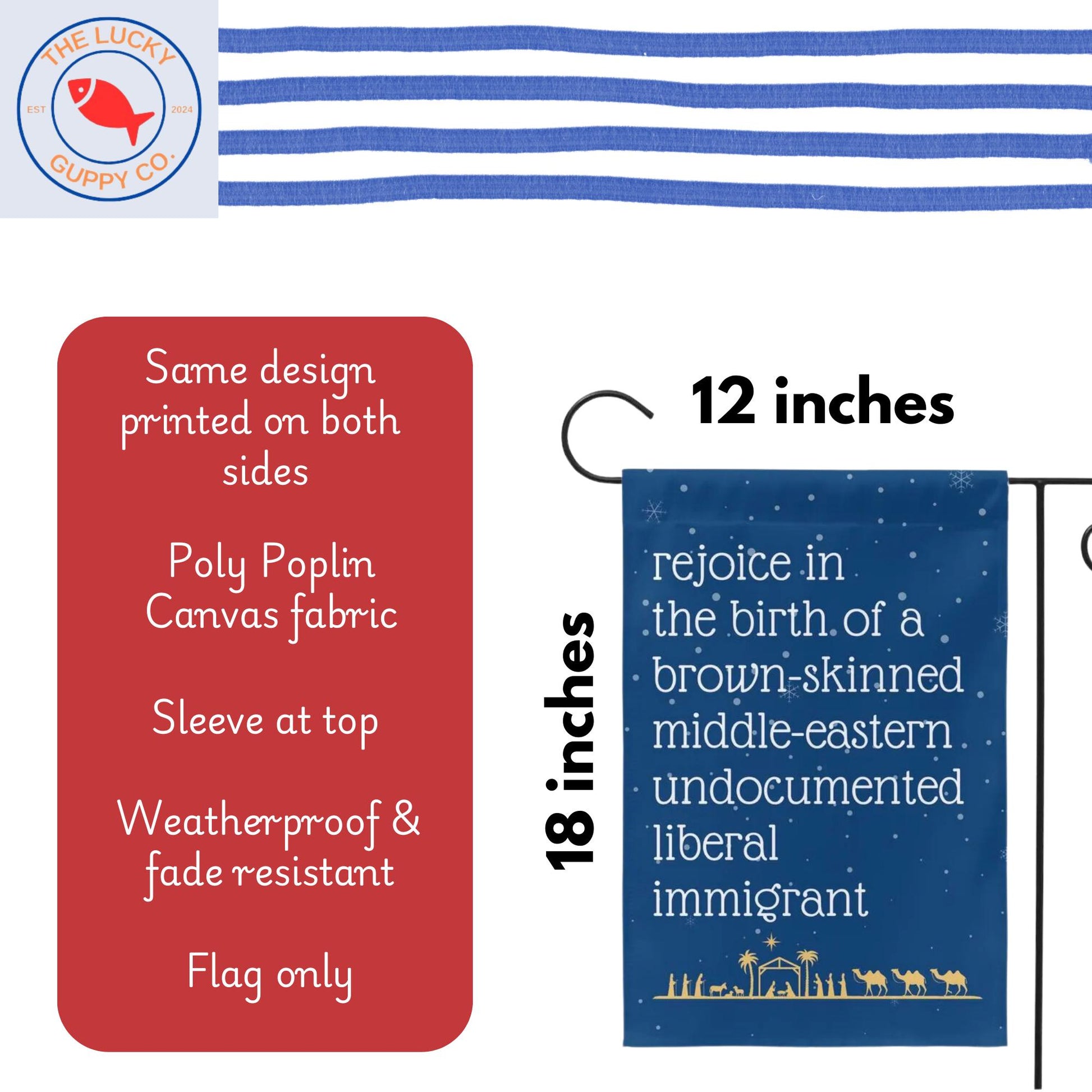 rejoice in the birth of a brown skinned middle eastern undocumented immigrant Jesus christmas garden flag, christmas lights equal rights