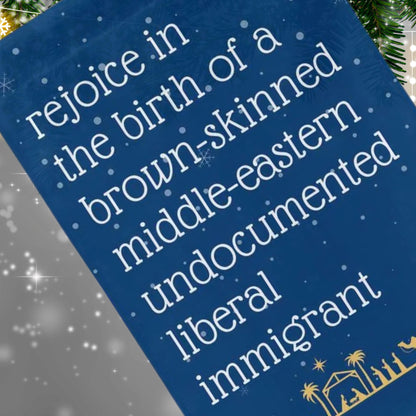 rejoice in the birth of a brown skinned middle eastern undocumented immigrant Jesus christmas garden flag, christmas lights equal rights