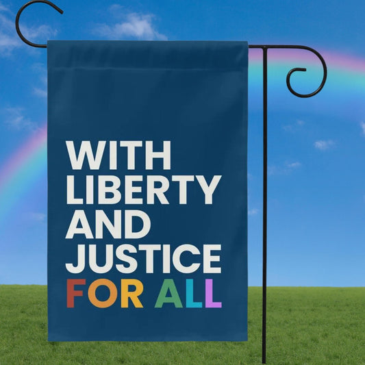 with liberty and justice for all lgbtq rainbow mini equality garden flag, proud unapologetic democrat yard sign, defend quality yard flag