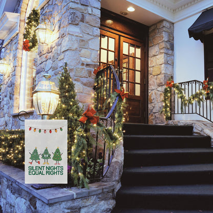 christmas lights and equal rights sign, reproductive rights banner, bans off our bodies, roe your vote, ban ignorance not books garden flag