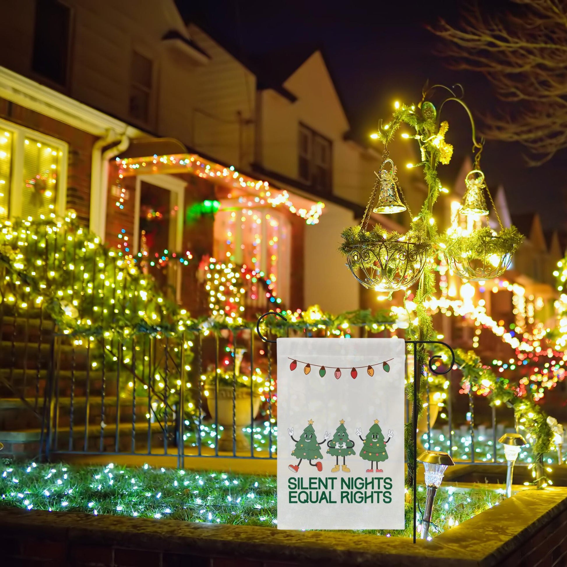 christmas lights and equal rights sign, reproductive rights banner, bans off our bodies, roe your vote, ban ignorance not books garden flag