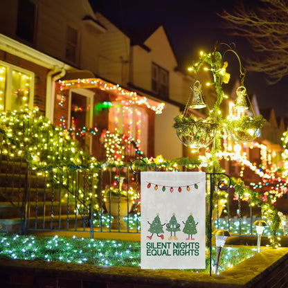 christmas lights and equal rights sign, reproductive rights banner, bans off our bodies, roe your vote, ban ignorance not books garden flag