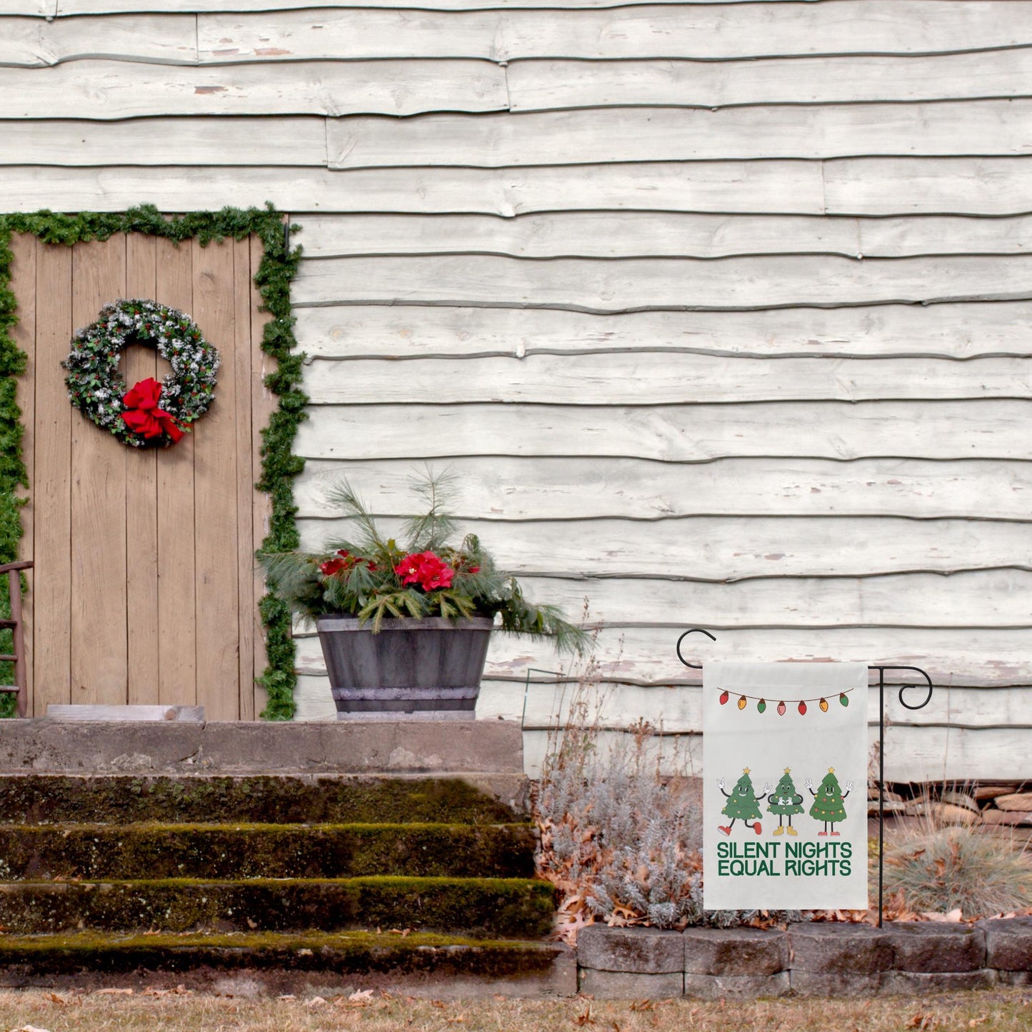 christmas lights and equal rights sign, reproductive rights banner, bans off our bodies, roe your vote, ban ignorance not books garden flag