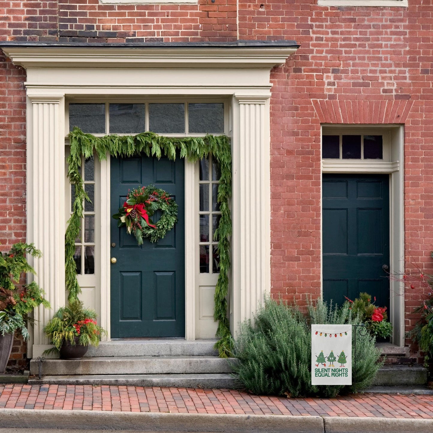 christmas lights and equal rights sign, reproductive rights banner, bans off our bodies, roe your vote, ban ignorance not books garden flag