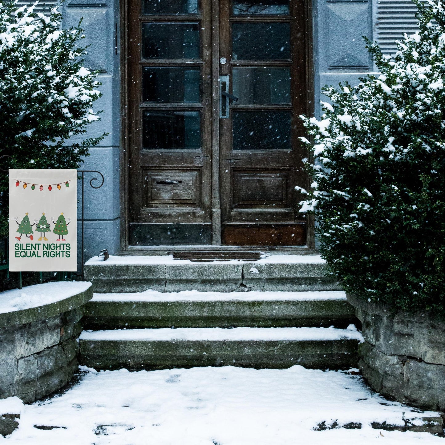 christmas lights and equal rights sign, reproductive rights banner, bans off our bodies, roe your vote, ban ignorance not books garden flag