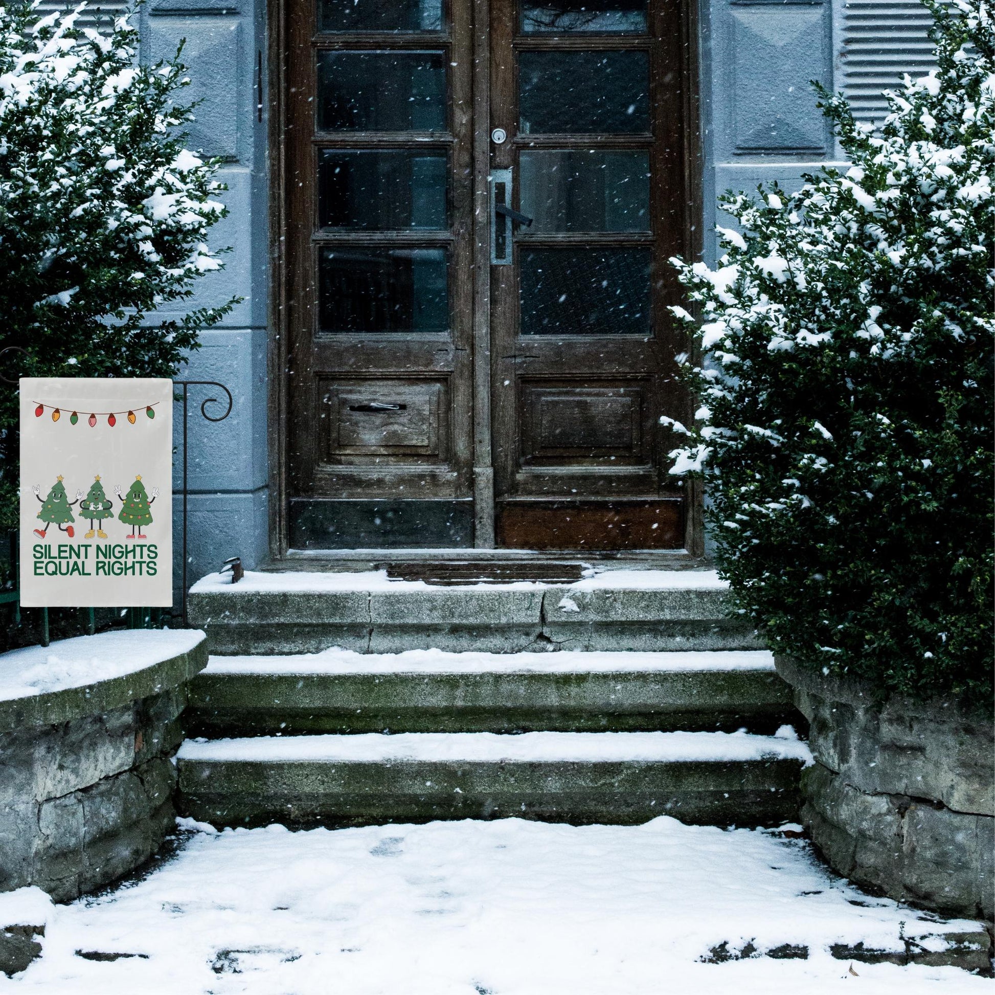 christmas lights and equal rights sign, reproductive rights banner, bans off our bodies, roe your vote, ban ignorance not books garden flag