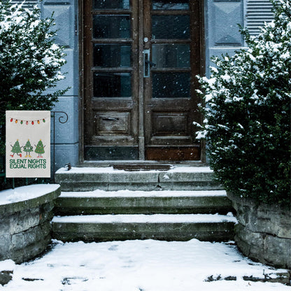 christmas lights and equal rights sign, reproductive rights banner, bans off our bodies, roe your vote, ban ignorance not books garden flag