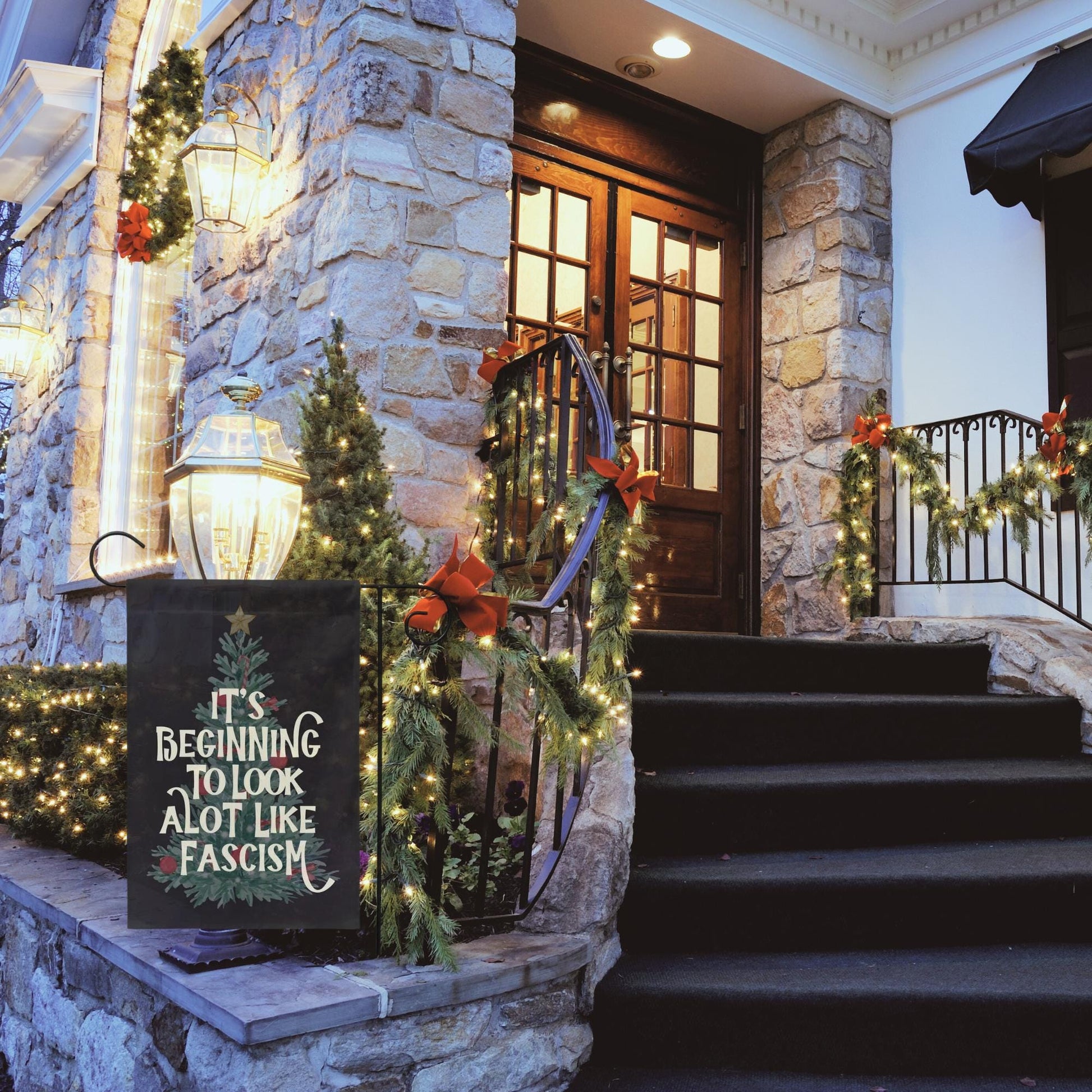 it's beginning to look a lot like fascism liberal christmas garden flag, lights equal rights, rejoice in the birth of a brown skinned sign