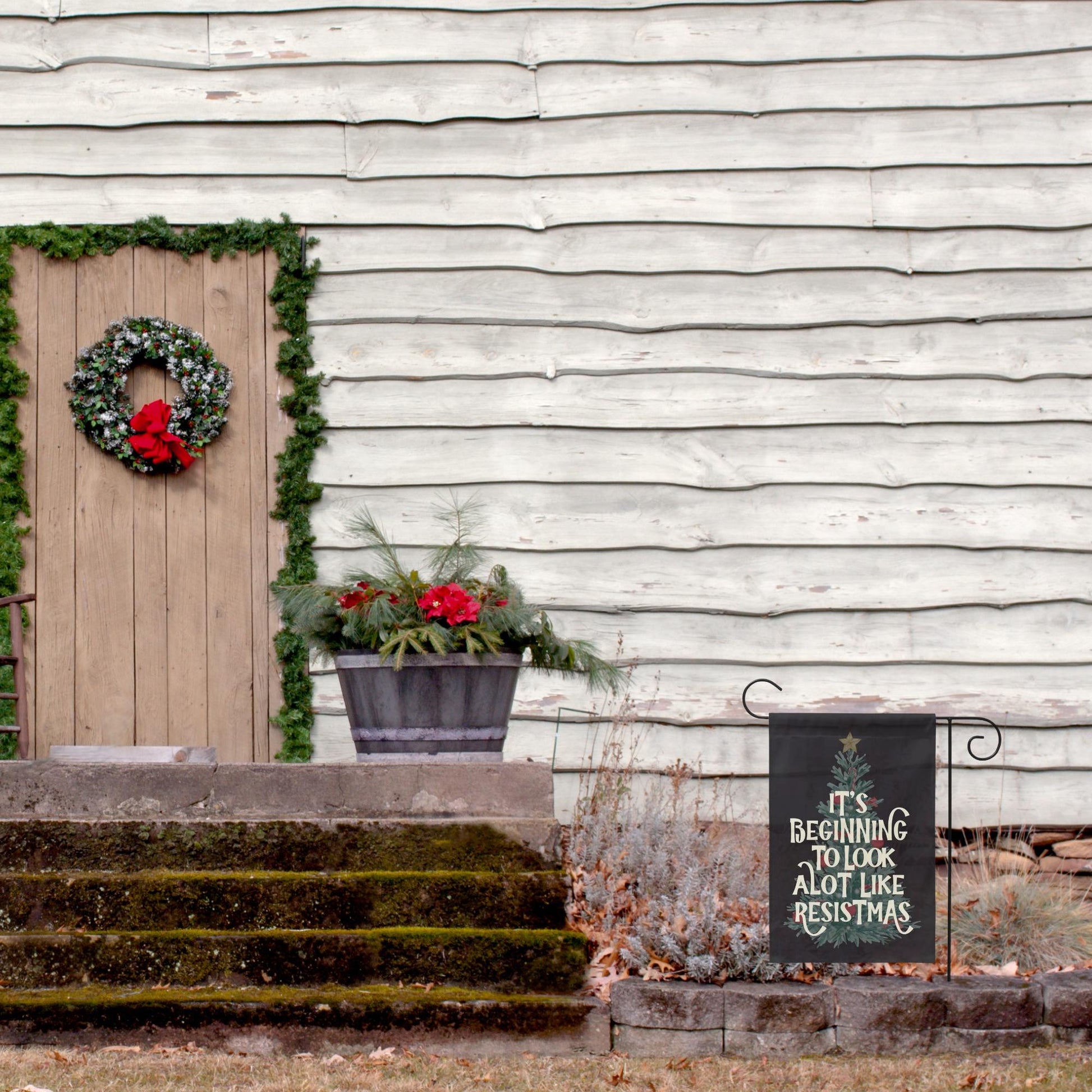 merry resistmas retro defend equality garden flag, all I want for christmas is democracy, anti trump af yard sign, unapologetic democrat