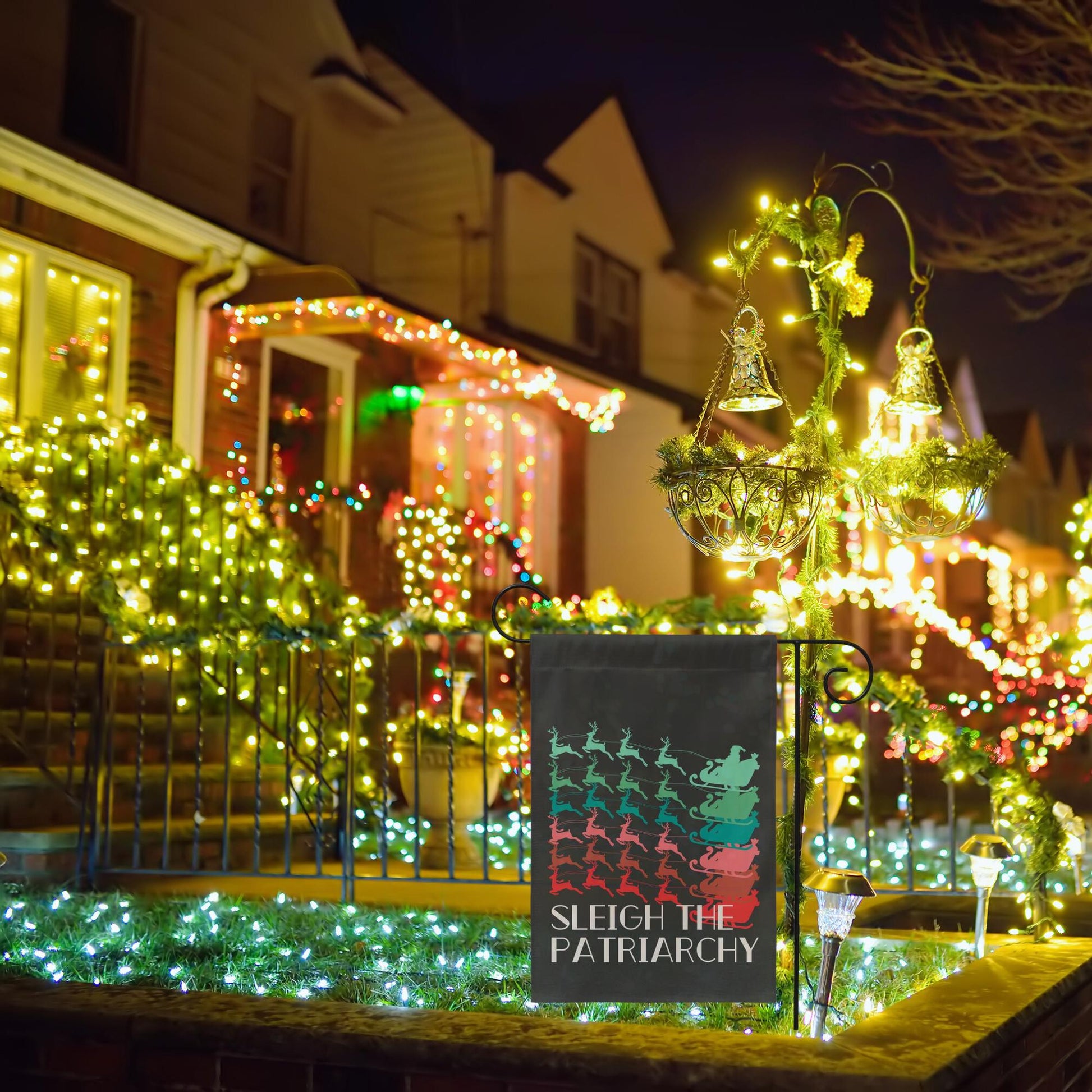 Sleigh the patriarchy skeleton rad garden flag, unapologetic democrat yard sign, girls just want fundamental rights, equal rights amend