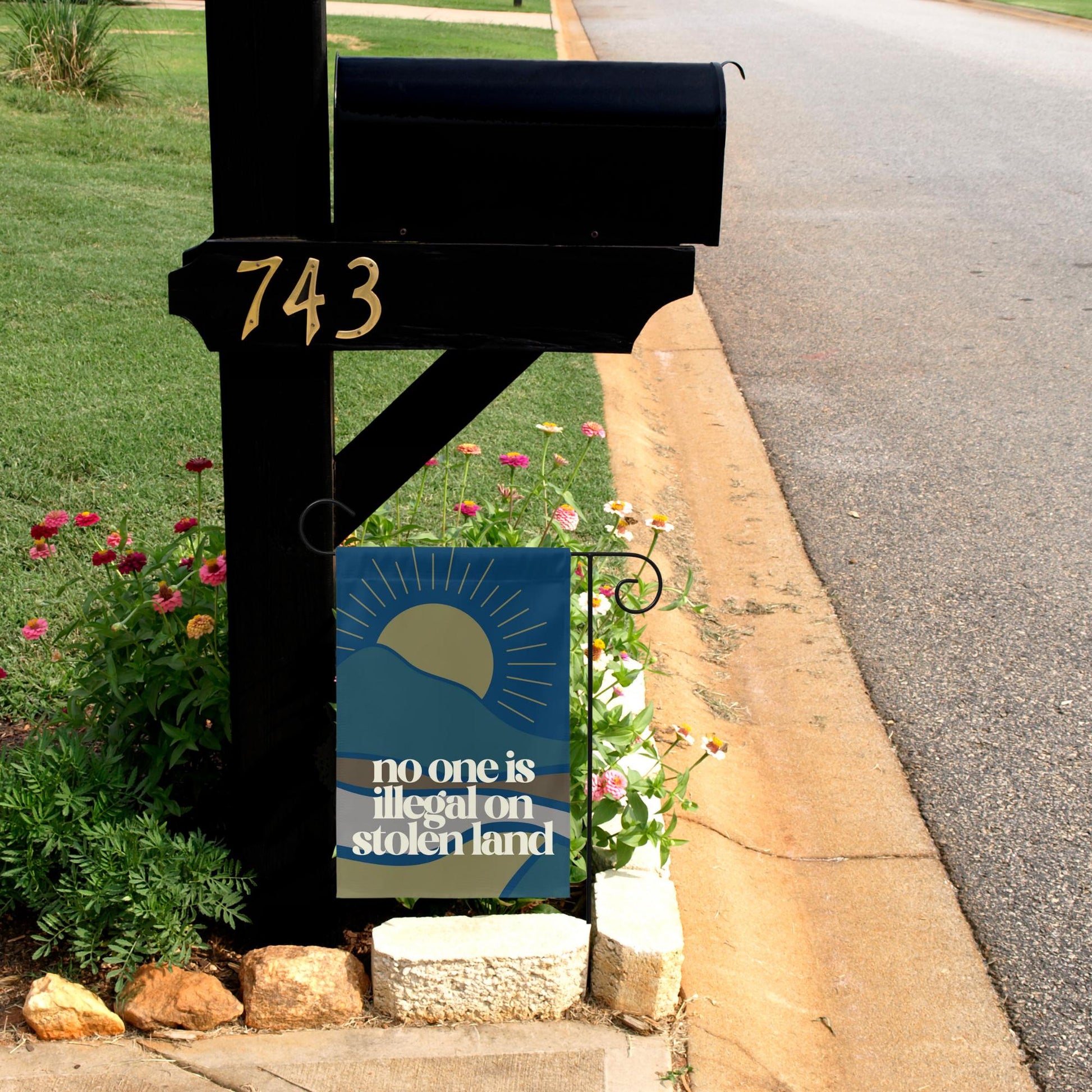 no one is illegal on stolen land mini equality garden flag, no human is illegal, pro America anti trump yard sign, pro immigrant democrat