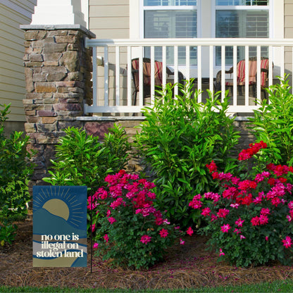 no one is illegal on stolen land mini equality garden flag, no human is illegal, pro America anti trump yard sign, pro immigrant democrat