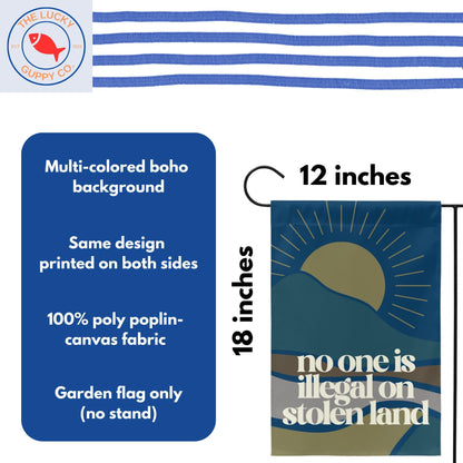 no one is illegal on stolen land mini equality garden flag, no human is illegal, pro America anti trump yard sign, pro immigrant democrat