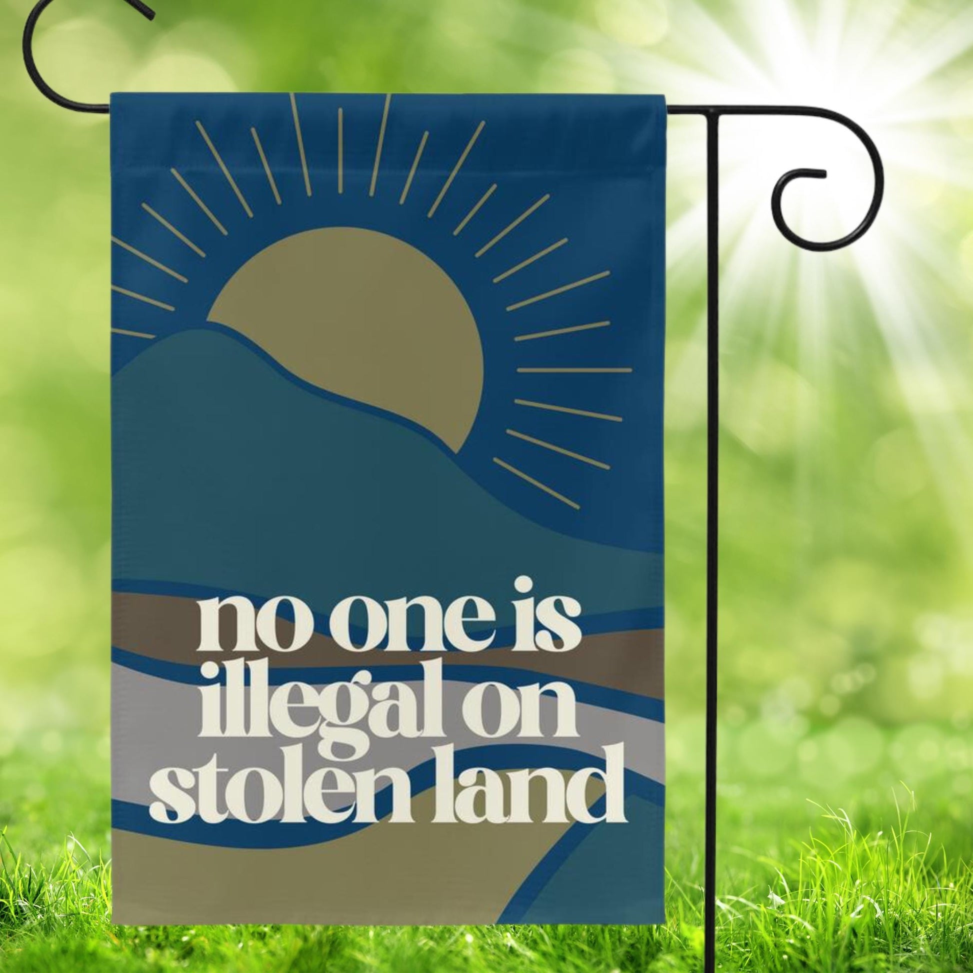 no one is illegal on stolen land mini equality garden flag, no human is illegal, pro America anti trump yard sign, pro immigrant democrat