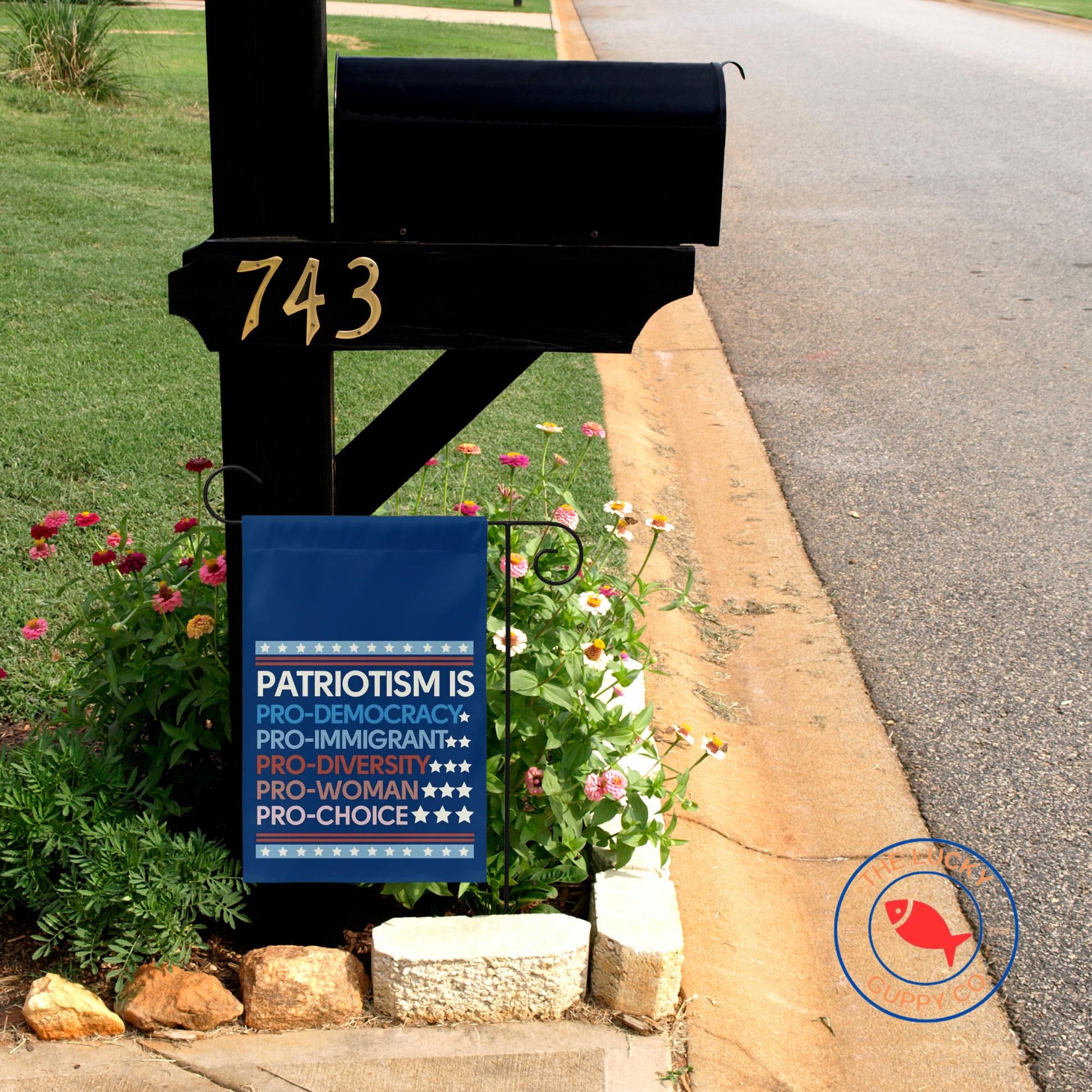 Patriotism is pro democracy mini equality garden flag, patriotic democrat flag, liberal garden flag, pro America anti trump yard sign, FDT