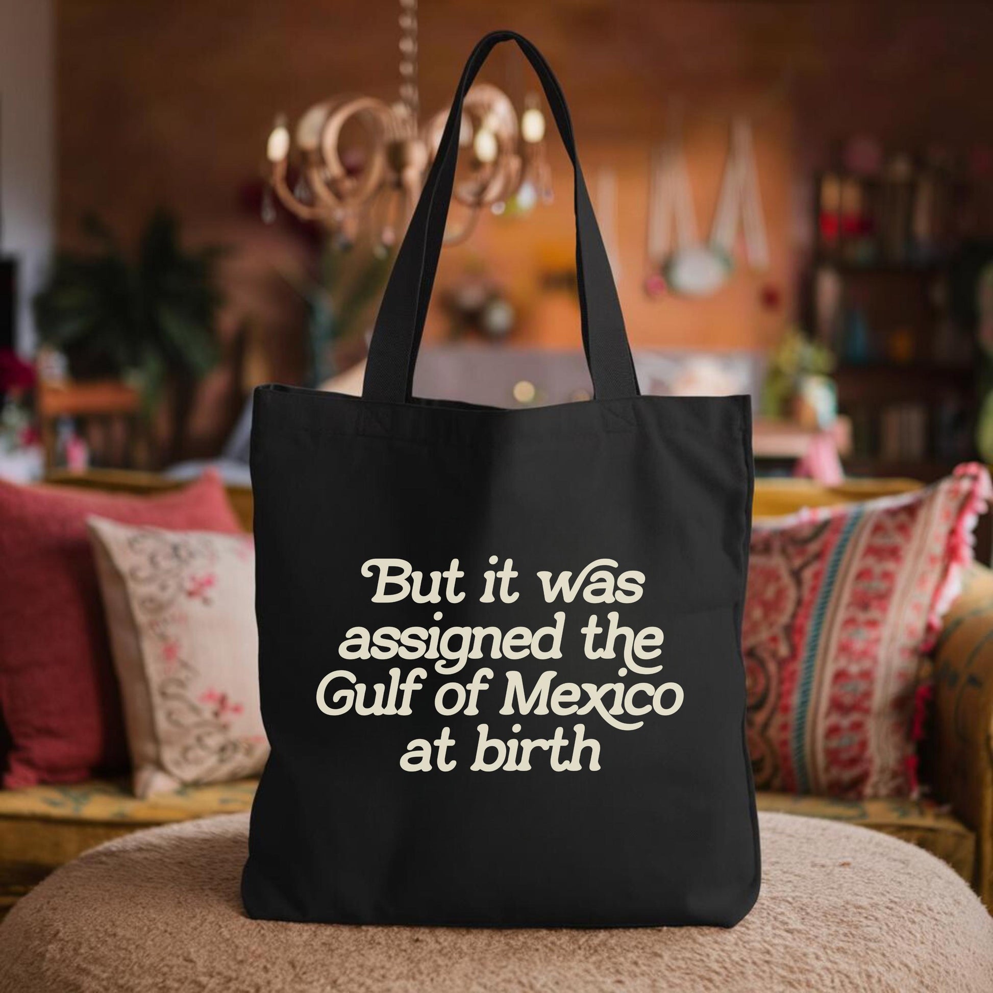 assigned the Gulf of Mexico at birth black canvas tote bag, defend equality, support trans kids, liberal tote bag, pro america anti trump
