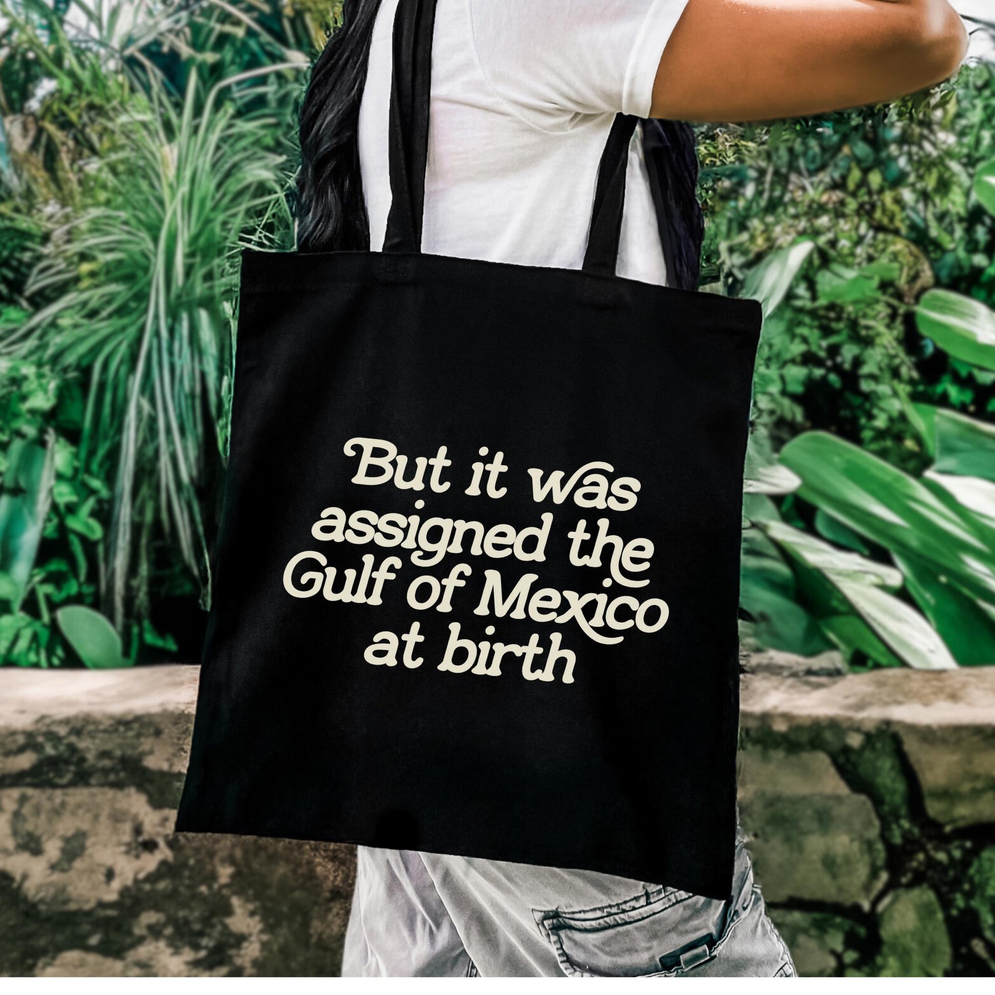 assigned the Gulf of Mexico at birth black canvas tote bag, defend equality, support trans kids, liberal tote bag, pro america anti trump