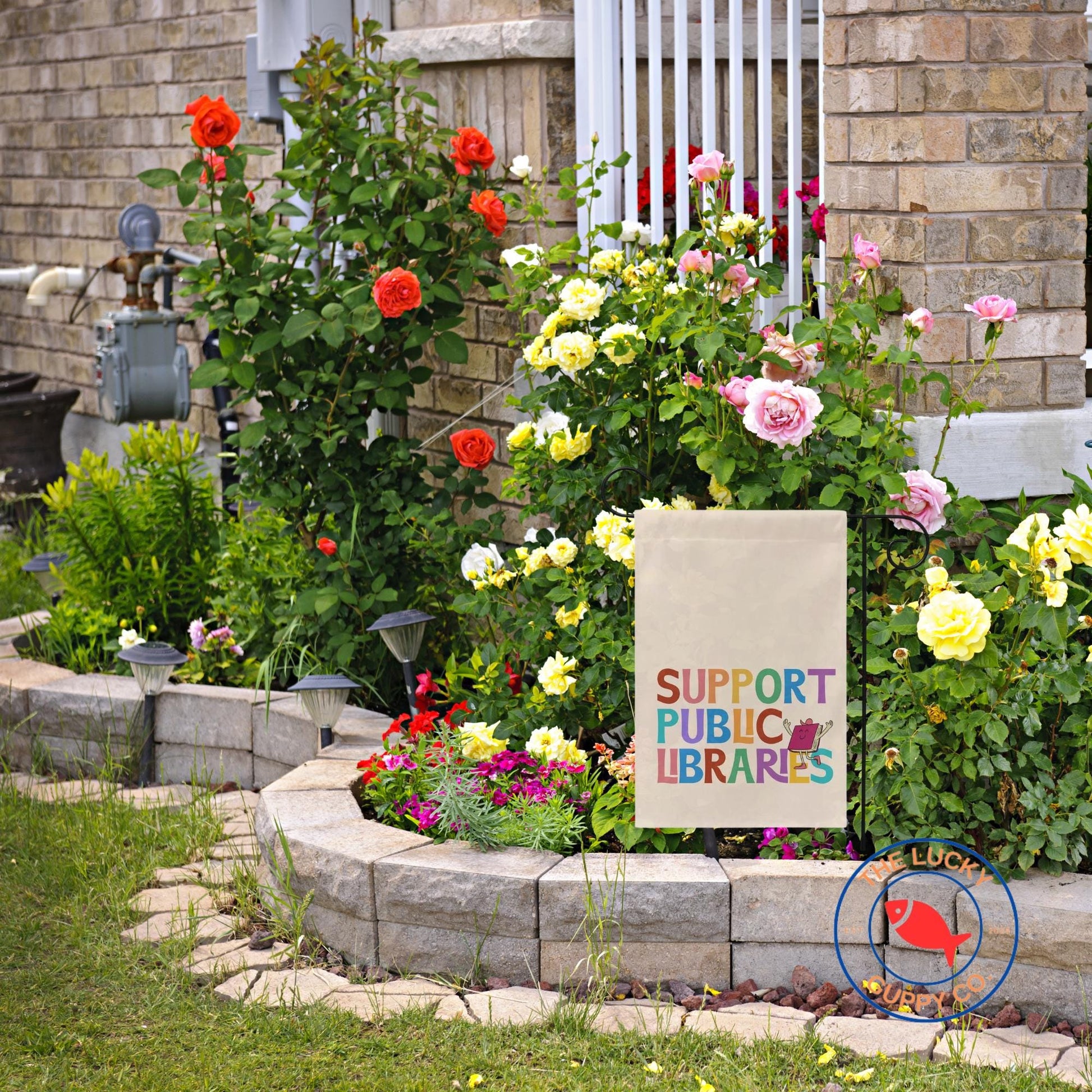 support public libraries house flag, ban assault rifles not books, ban ignorance not books, justice and literacy for all, freadom yard sign