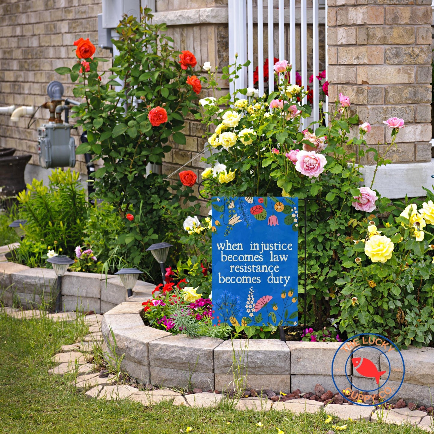 when injustice becomes law resistance becomes duty flag, hands off protest sign, indivisible banner, we dissent house sign, subtle FDT